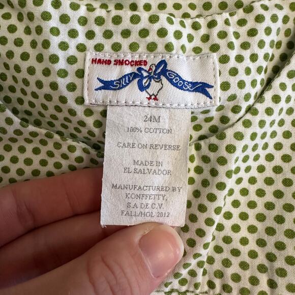 Silly Goose Hand Smocked Dress 24M Girls Green Polka Dot Gingerbread Embroidery - Picture 2 of 7